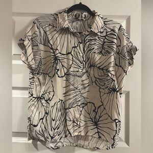 Rachel Zoe Linen Blend Tropical Leaf Print Casual Vacation Tee